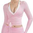 SUUKSESS Women Pilates Wrap Workout Cropped Top Ribbed Long Sleeve V Neck Tie Front Ballet Yoga Shrug Blouse (X-Small, Pink)