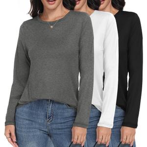 GAYHAY 3 Pack Long Sleeve Shirts for Women - Loose Fit Crew Neck Basic Tees Fall Tops Outfits Casual Clothes 2026 (X-Large, Black/White/Grey)