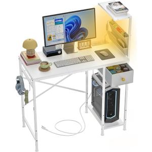 Jakyitvi 33.7" Computer Desk with Power Outlets, LED Lights & Drawer, Small Office Desk with Storage Bag & Hooks, Gaming Desk for Bedrooms or Home Office, Compact Study Desk for Small SpacesWhite
