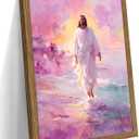Framed Pink Jesus Wall Art Gifts for Christian, Jesus Walking On Water Canvas Prints, Savior Christian Wall Decor, Inspiring Religious Belief Artwork Decor for Prayer Room 12x16in