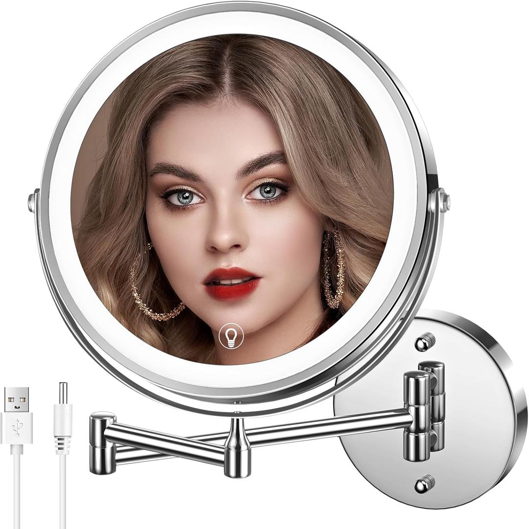 Wall Mounted Lighted Makeup Mirror, 8" Rechargeable Double-Sided Light up Magnifying Mirror 1x/10x, 3 Colors Led Vanity Mirror with Lights, Touch Dimmable 360 Rotation Foldable (Silver)
