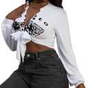 LovelyWholesale Women Tie Front Tops Graphic Crop Sexy Long Sleeve Deep V Neck Shirt White R Small (White, S)