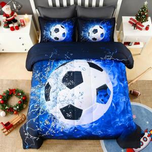 Andency Soccer Comforter Twin(66x90 Inch), 2 Pieces(1 Soccer Comforter, 1 Pillowcase) Blue Flame Soccer Comforter Set Sport Microfiber Bedding Set for Boy Girl Kids, Teen