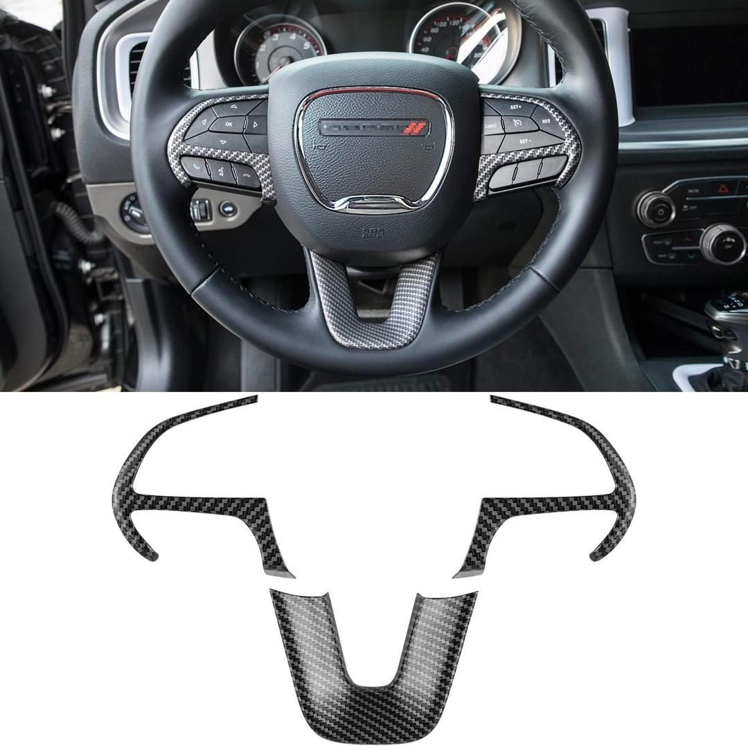 Steering Wheel Cover Trim Interior Accessories Decoration Kit for 2015-2024 Dodge Challenger Charger, for 2014-2024 Dodge Durango & Jeep Grand Cherokee SRT8 (Carbon Fiber Black 3PCS)