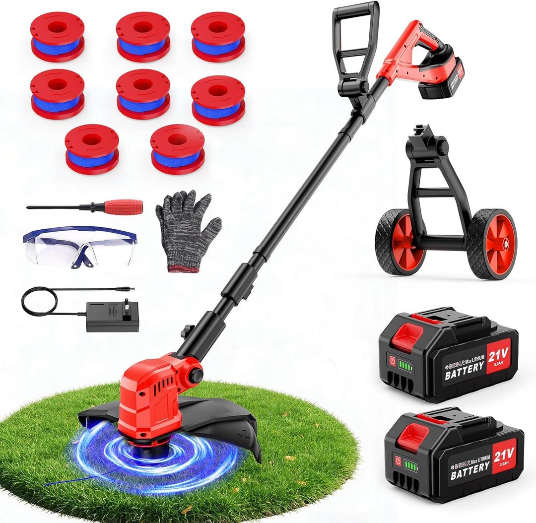 21V Electric Weed Wacker, Cordless String Trimmer with Battery and Charger, Weed Eaterr with 14" Cutting Width, Lawn Edger for Lawn, Garden, Yard(8Pcs Spool Line) (Red)