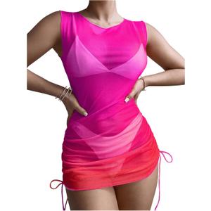 Milumia Women Beach Mesh Mini Dress Ombre Sheer Swimsuit Cover-up Bathing Suit (X-Large, Hot Pink)