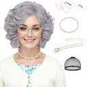 Old Lady Wigs and Accessories for Women Costume Grandma Wig Short Grey Curly Wig for Granny 100th Days of School Cosplay Halloween Use (Gray Wig 5 Pcs Set)