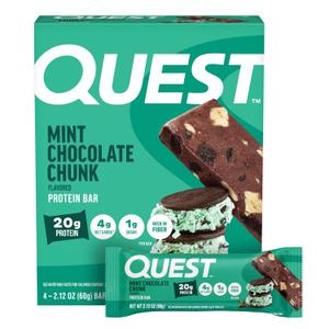 Quest Nutrition Mint Chocolate Chunk Protein Bars, 20g Protein, 1g Sugar, 4g Net Carb, High Fiber, Gluten Free, Keto Friendly, 4 Count BBD:07/13/26
