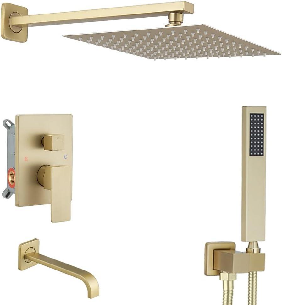 Brushed Gold Shower System with Tub Spout Wall Mounted Tub Shower Faucet Set for Bathroom with High Pressure 10" Rain Shower head and Handheld Shower Head Set