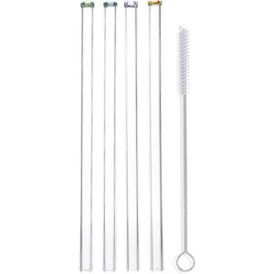 Reusable Clear Glass Straws - Artisanal Colored Tips, Wide Flow for Smoothies, Juices, Frozen Drinks, Milkshakes, Tea - Portable Travel Drinking, Long