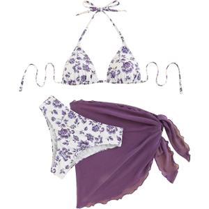 SOLY HUX Bikini Sets for Women 3 Piece Floral Print Halter Triangle Bathing Suit Swimsuit with Sarong Cover Up (Large)