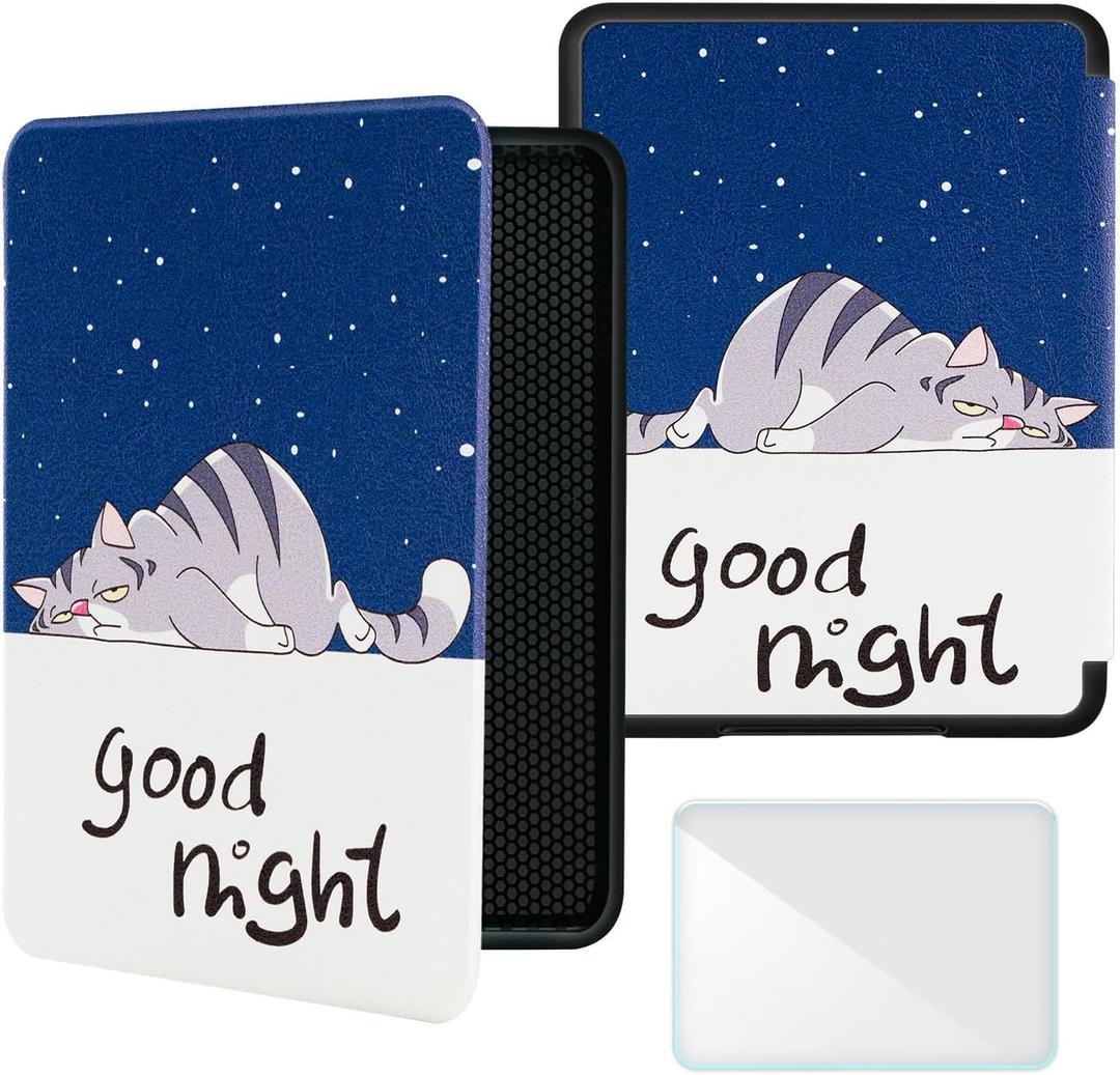 Smart Case Compatible with 7" Kindle Paperwhite 12th Generation (2024) and Kindle Colorsoft Signature Edition - Premium PU Leather Cover with Auto Sleep/Wake, Blue Cat