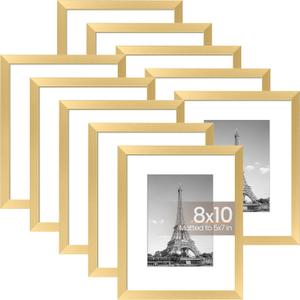 upsimples 8x10 Picture Frame Set of 10, Display Pictures 5x7 with Mat or 8x10 Without, Multi Photo Frames Collage for Wall or Tabletop Display, Gold