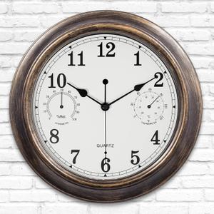 Outdoor Clocks for Patio Waterproof with Thermometer, Battery Operated Silent Outdoor Wall Clocks, 12 Inch Small Vintage Decorative Outside Clock for Kitchen Decor - Bronze