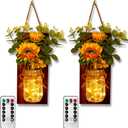 OurWarm Sunflower Wall Sconces Set of Two, Mason Jar Sconces Farmhouse Wall Decor Comes with Remote Control and Warm Toned LED Lights, Rustic Sunflower Decor for Home Kitchen Dining Room Living Room