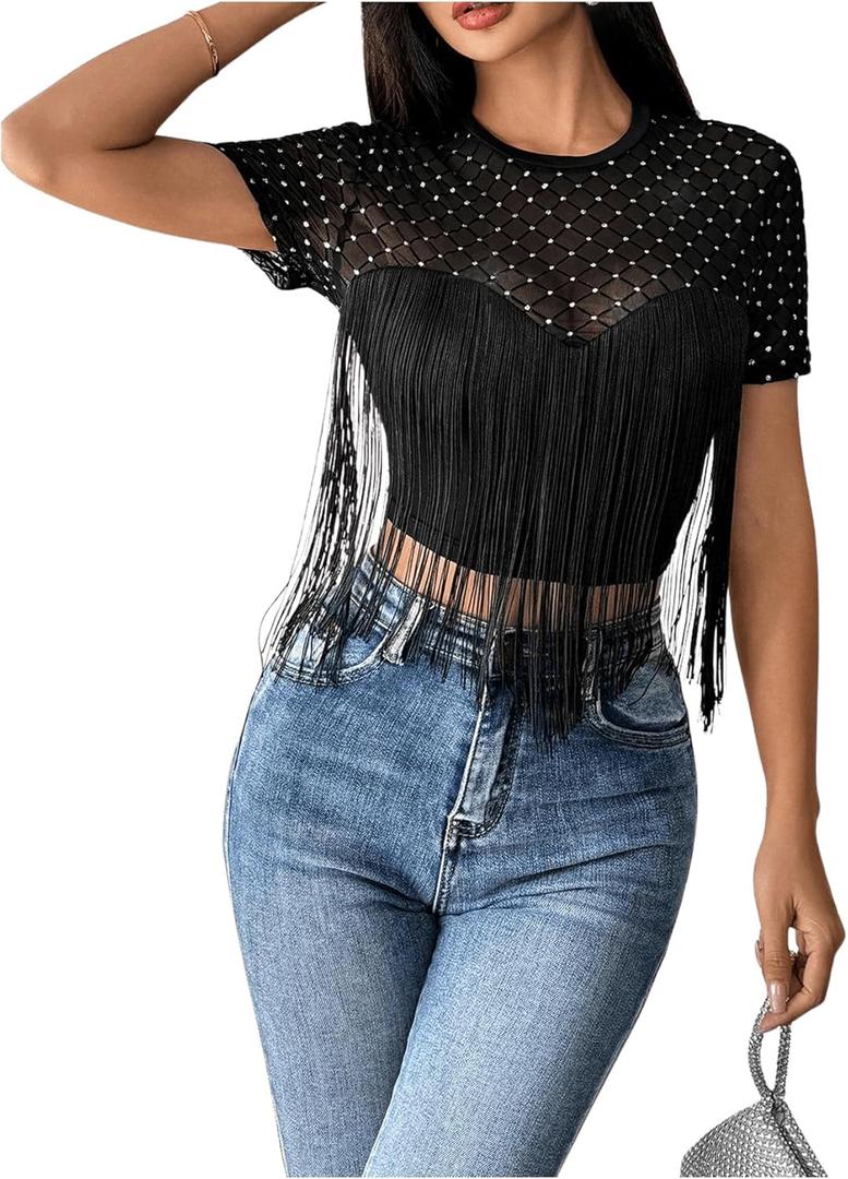 OYOANGLE Women's Fringes Mesh Sheer Crop Top See Through Short Sleeve Crew Neck Shirts Streetwear (Large, Black)
