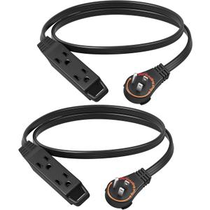 DEWENWILS 3FT 360 Rotating Flat Plug Extension Cord/Wire, 16AWG Multi 3 Outlet Extension Cord, 3 Prong Grounded Wire for Small Appliances, 2 Pack, Black