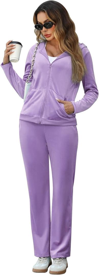 Marvmys Velour Tracksuit Womens 2 Piece Outfits Velvet Sweatsuit Jogging Suit Full Zip Up Hoodie and Sweatpants Set (X-Large, Lilac)