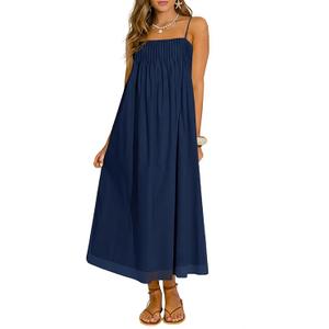 Wenrine Women's Summer Boho Maxi Dresses Spaghetti Straps Chiffon Casual Sundress Beach Vacation Long Dress with Pockets S