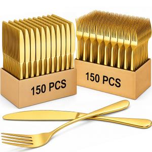 Nuenen 300 Pcs Forks and Knives Stainless Steel Silverware Set 150 Dinner Forks and 150 Knives Flatware Tableware Cutlery Set for Home Restaurant, Mirror Polished, Dishwasher Safe(Gold, Simple)