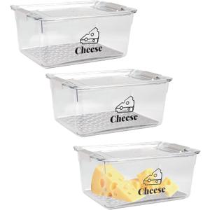 3 Pack Cheese Container Airtight with Draining Basket Cream Cheese Sliced Cheeses Box with Lid,Shredded Cheddar Cheeses Storage Container for Refrigerator,Refrigerator Organizers and Storage Box