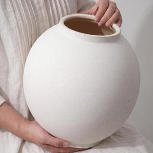 Large White Ceramic Vase - 10.6 Inch Rustic Farmhouse Flower Vase for Home Decor, Minimalist Tall Vases for Living Room, Dining Room, Holiday & Weddings (White-Base 6.2'')