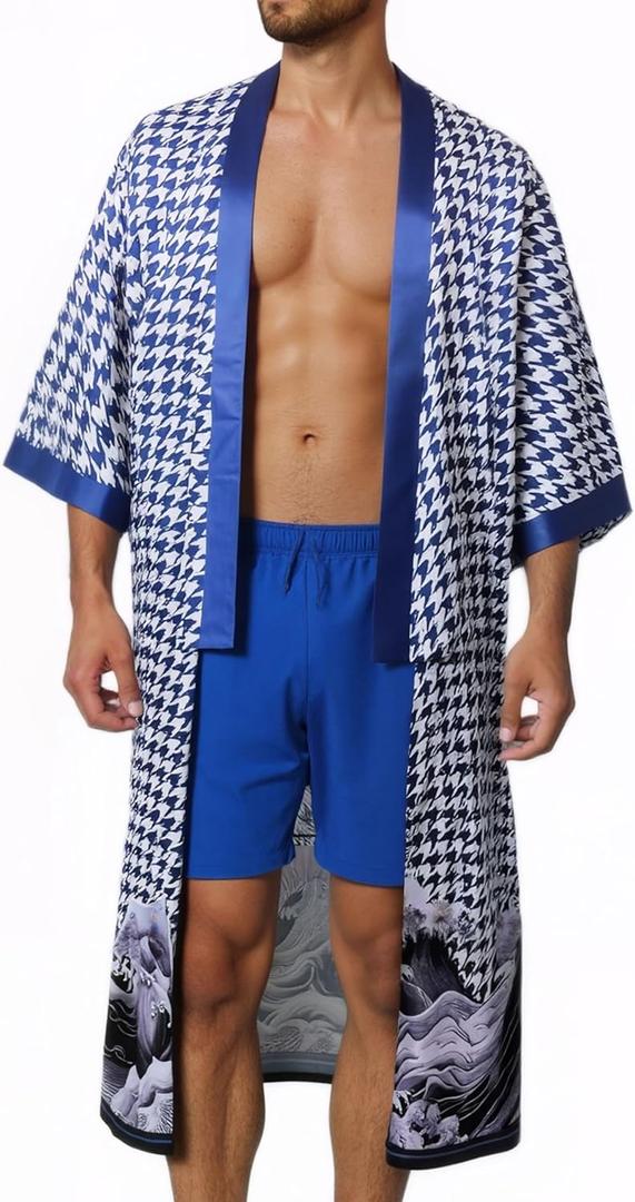 PRODESIGN Mens Houndstooth Kimono Robe - Long Satin Sleepwear Silky Nightgown Bathrobe Dressing Gown Cardigan Beach Cover Up (Small, Dark Blue)