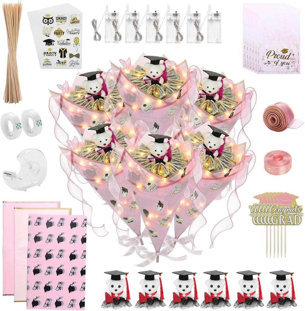 Graduation Money Bouquet Kit 2026,DIY Flower Bouquet 6 Sheet,Graduation Gift with Bear Flower Wrapping Paper for Grad Friends College Ceremony(Pink)