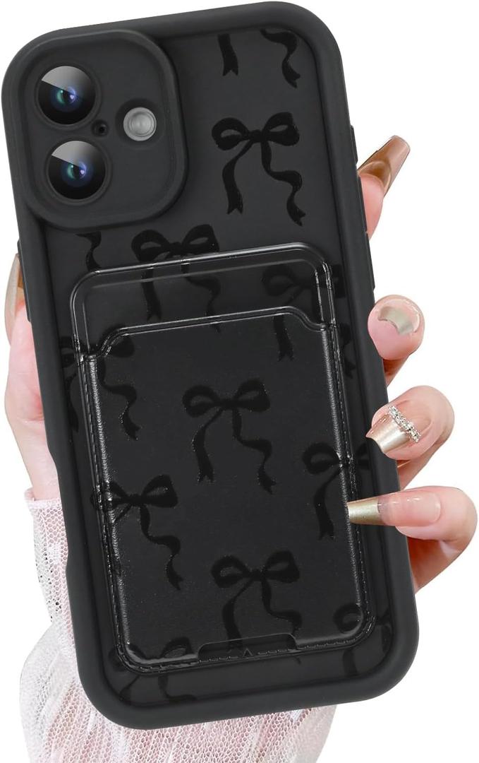 KANGHAR Case for iPhone 16 Plus Card Slot Phone Case, Cute Bow Design with Card Holder for Women Girls Slim Shockproof Wallet Cover-Black