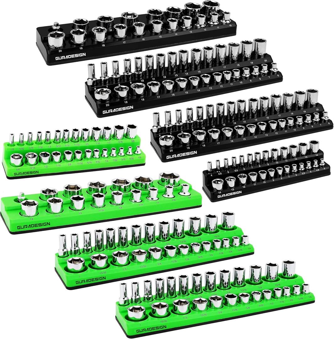 8PCS Magnetic Socket Organizer Set, Magnetic Socket Holder, 1/4", 3/8", 1/2" Metric & SAE Magnetic Socket Tools Trays.
