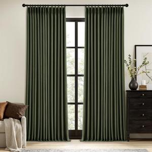 MIULEE Olive Green Pinch Pleated 100% Blackout Linen Curtains for Bedroom, Room Darkening Memory Trained Dark Green Window Curtains 84 inches Long for Living Room, Black Out Pleat Drapes, 2 Panels (Loden)