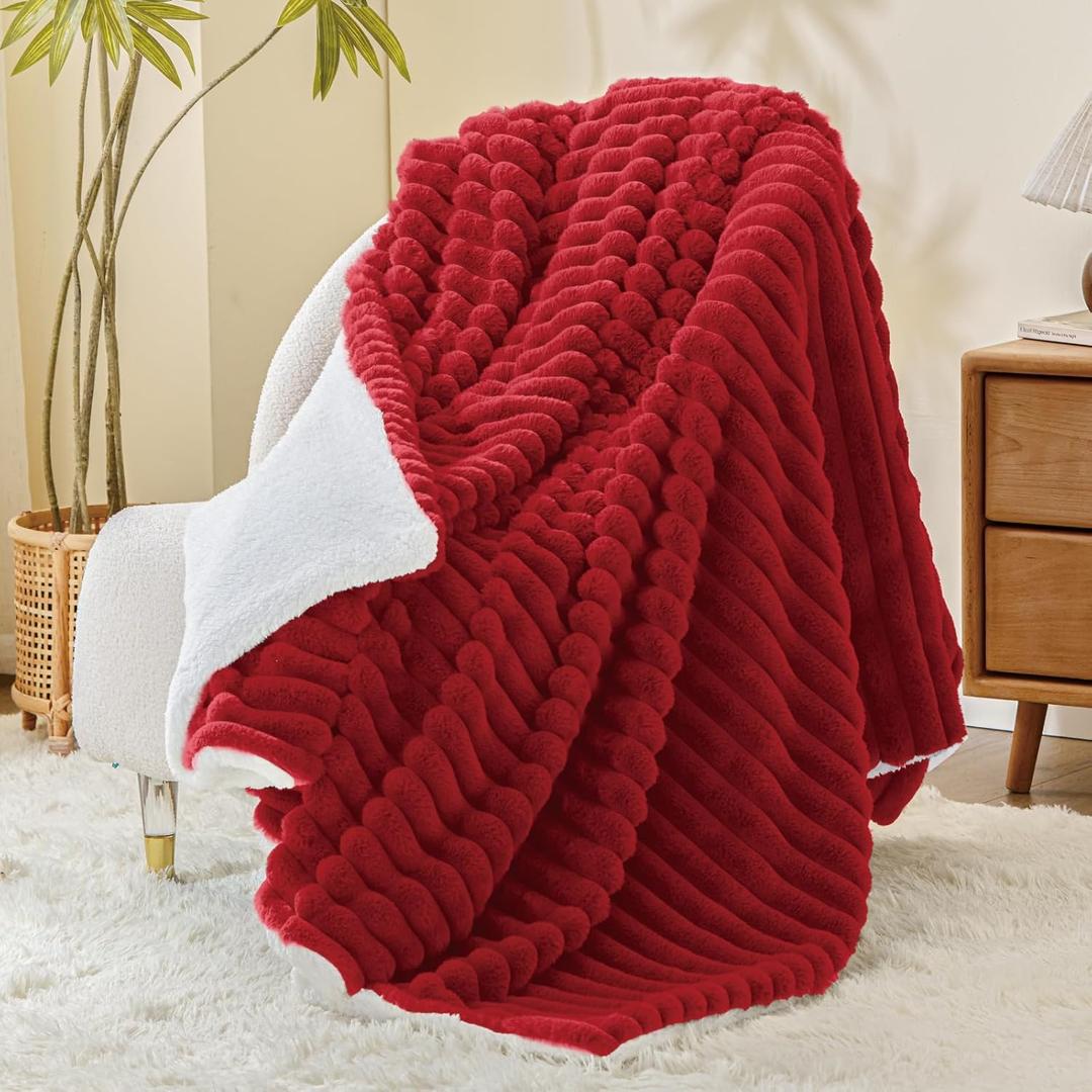 INFIIXSO Sherpa Throw Blanket for Couch - Super Soft & Warm Striped Fleece Blanket, Cozy Plush Fluffy Blanket All Season Use (Red, 60x80 Inches)