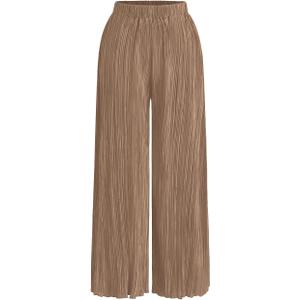 Womens High Waisted Pants Solid Textured Elastic Waist Wide Leg Palazzo Pants Casual Comfy Trousers Apricot (Brown) XS