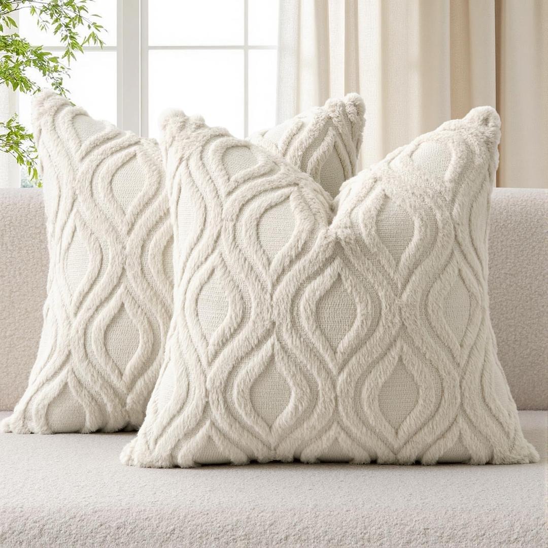 MIULEE Beige Throw Pillow Covers 18x18 Inch, Neutral Soft Plush Faux Wool Solid Couch Pillows Set of 2, Decorative Farmhouse Boho Cushion Covers for Sofa Living Room Bed Home Decor