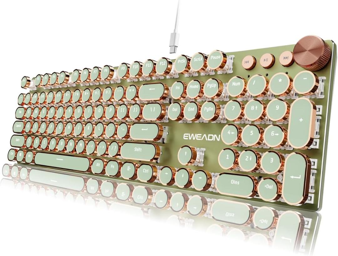 EWEADN Typewriter Style Mechanical Keyboard, Wired Typewriter Keyboards,104 Keys Backlit LED Metal Keyboards, Media Control Knob, Wired Computer Keyboard Pink Switch for Windows/Mac/PC-Green