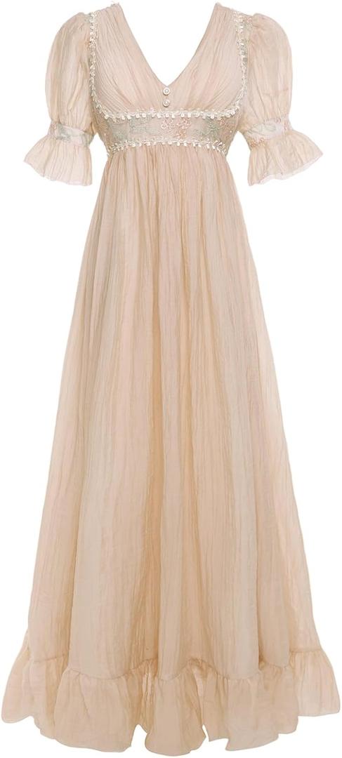 Victorian Regency Dresses for Women Ruffle Empire Waist Dress Exquisite Embroidery Elegant Gauze Party Gown M