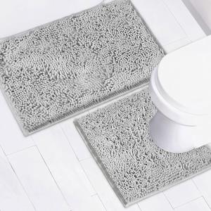 Bathroom Rugs Chenille Bath mat 2 Piece Set, Super Absorbent, Strong PVC Non Slip Backing, Bath mats for Bathroom, Plush Shaggy, Thick, Machine Washable, Bathtub, Toilet.(Light Grey)