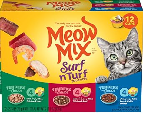 Meow Mix Tenders in Sauce Wet Cat Food, Surf 'N Turf Variety Pack, 2.75 Ounce Cup (Pack of 24)