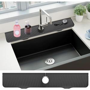 Sink Splash Guard, 32 x 5.5, Longer Faucet Mat, Silicone Sink Splash Guard Behind Faucet, Faucet Guard Draining Mat, Water Drip Catcher Mat for Kitchen,Bathroom (Black)