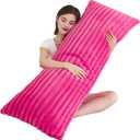 Full Body Pillow with Fluffy Stripe Faux Fur Removable Cover, Long Bed Pillow Adult 20x54 Inches for Side Sleeper and Pregnancy, Hot Pink.