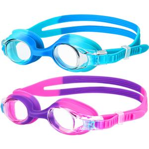 Kids Swim Goggles 2 Pack, Anti Fog No Leak Swimming Goggles for Boys Girls Ages 6-14, Wide View Swim Goggles Kids (Blue & Purple Pink)