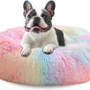 JOLLYVOGUE Calming Dog Beds Large Sized Dog, 36in Donut Washable Large Pet Bed, Anti-Slip & Anti-Anxiety Fluffy Faux Fur Round Dogs Bed, Fits up to 80 lbs Pets (Rainbow)