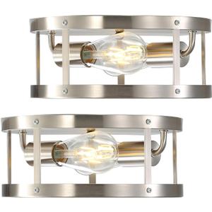 Farmhouse Semi Flush Mount Ceiling Light, Brushed Nickel 11inch 2-Light Metal Cage Light Fixture Ceiling Mount, Industrial Closed to Ceiling Mount Lamp, 2 Pack