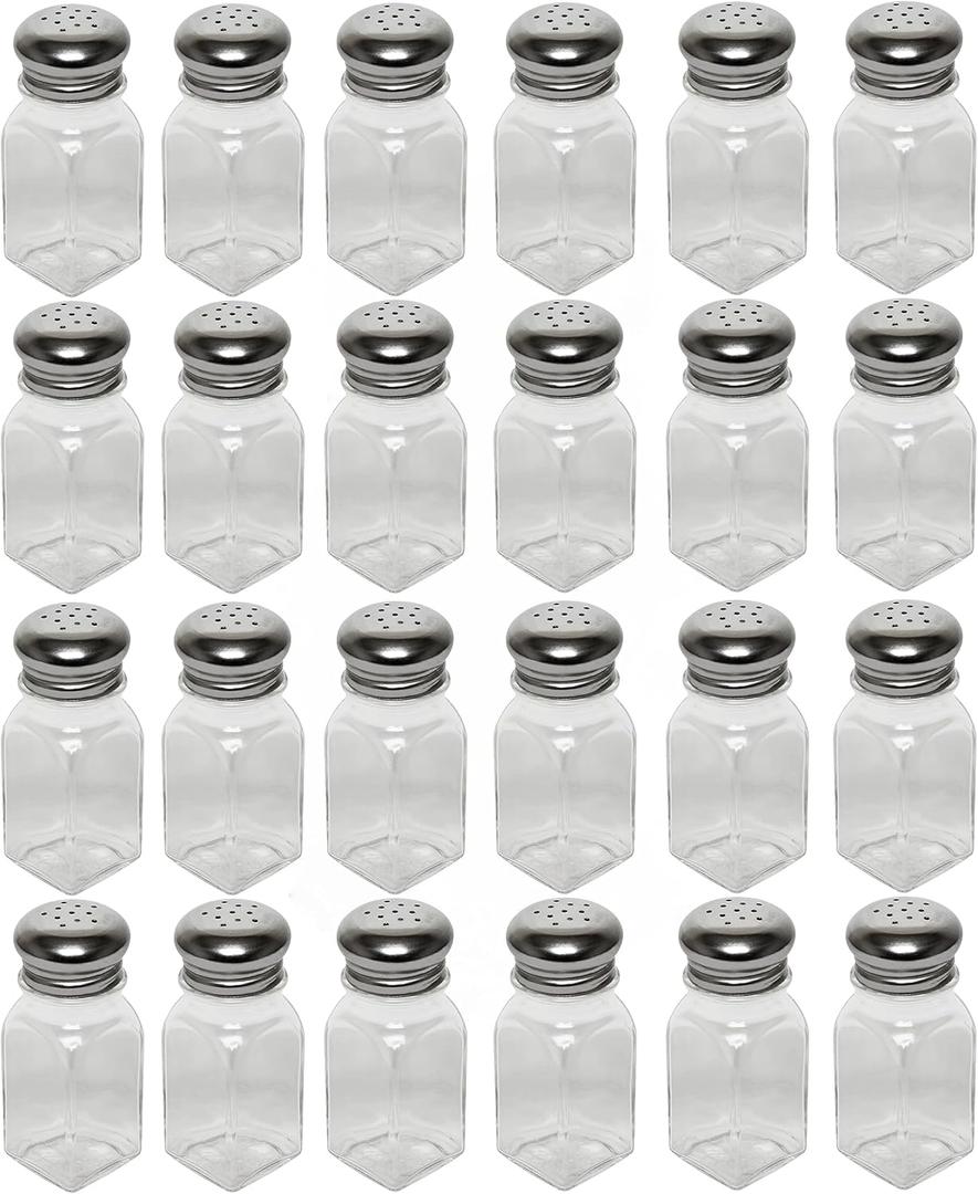 TrueCraftware- 2 oz Classic Square Glass Salt Pepper Shakers with Stainless Steel Mushroom Tops Set of 24- Salt Pepper Shaker Stainless Lid Glass Spice Jars Kitchen Essentials for Home Kitchen