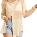 Arssm Sheer Tops for Women Sheer Button Up Blouse Long Sleeve Sexy See Through Tops Mesh Shirts (Small, Apricot)