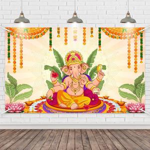 Pooja Ganpati Decoration Banner Indian Puja Cloth Items Backdrop Traditional Chatiya Ganesh Mehndi Photography Background Wedding Festival Party Marigold Garlands Photo Booth 70.8x43.3inch