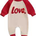 FYBITBO Infant Baby Boy Girl Clothing Bunny Embroidery Jumpsuit Long Sleeve Romper Newborn Easter Outfit One Piece Clothes, 0-3 Months, Red-My First Valentines Baby Outfit