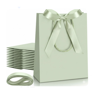 Silkfly 12 Pcs Paper Gift Bags with Handle 9x7x3.15'' Thank You Gift Bags with Bow Ribbon for Holiday Valentines Wedding Bridal Baby Shower Birthday Party (Champagne)