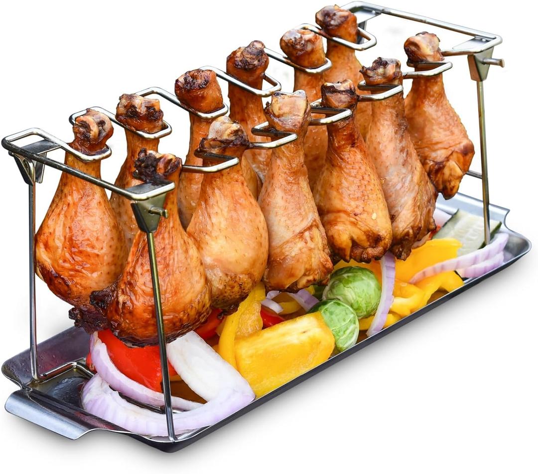 Chicken Leg Rack for Grill with Drip Tray - Easy to Use 12 Slots Chicken Wing Rack - Premium Stainless Steel Chicken Drumstick Rack for Smoker - Chicken Drumstick Holder for Grill Accessories