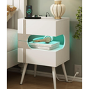 White Nightstand with Charging Station and LED Lights,Modern Bedside Table with 2 Storage Drawer,Night Stand with Solid Wood Legs,White (White-2)